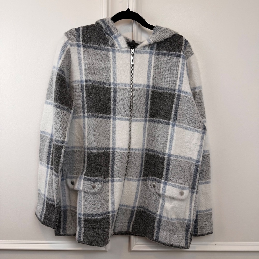 Rachel Zoe Grey White Plaid Eyelash Knit Zip Up Hoodie Jacket Womens 1X